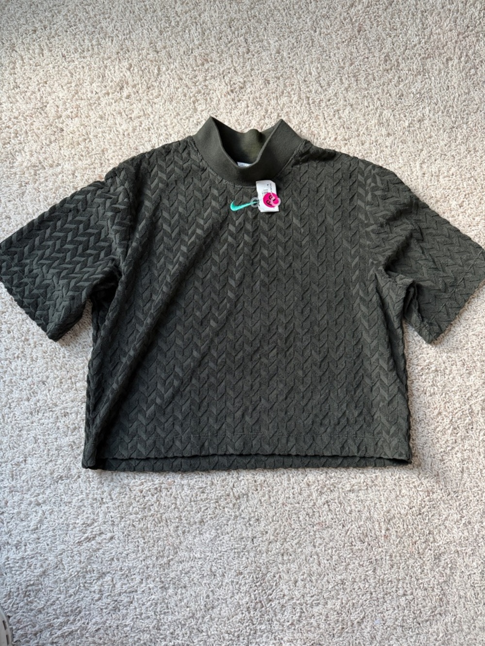 Nike Olive Textured Short Sleeve Cropped Top with Teal Swoosh